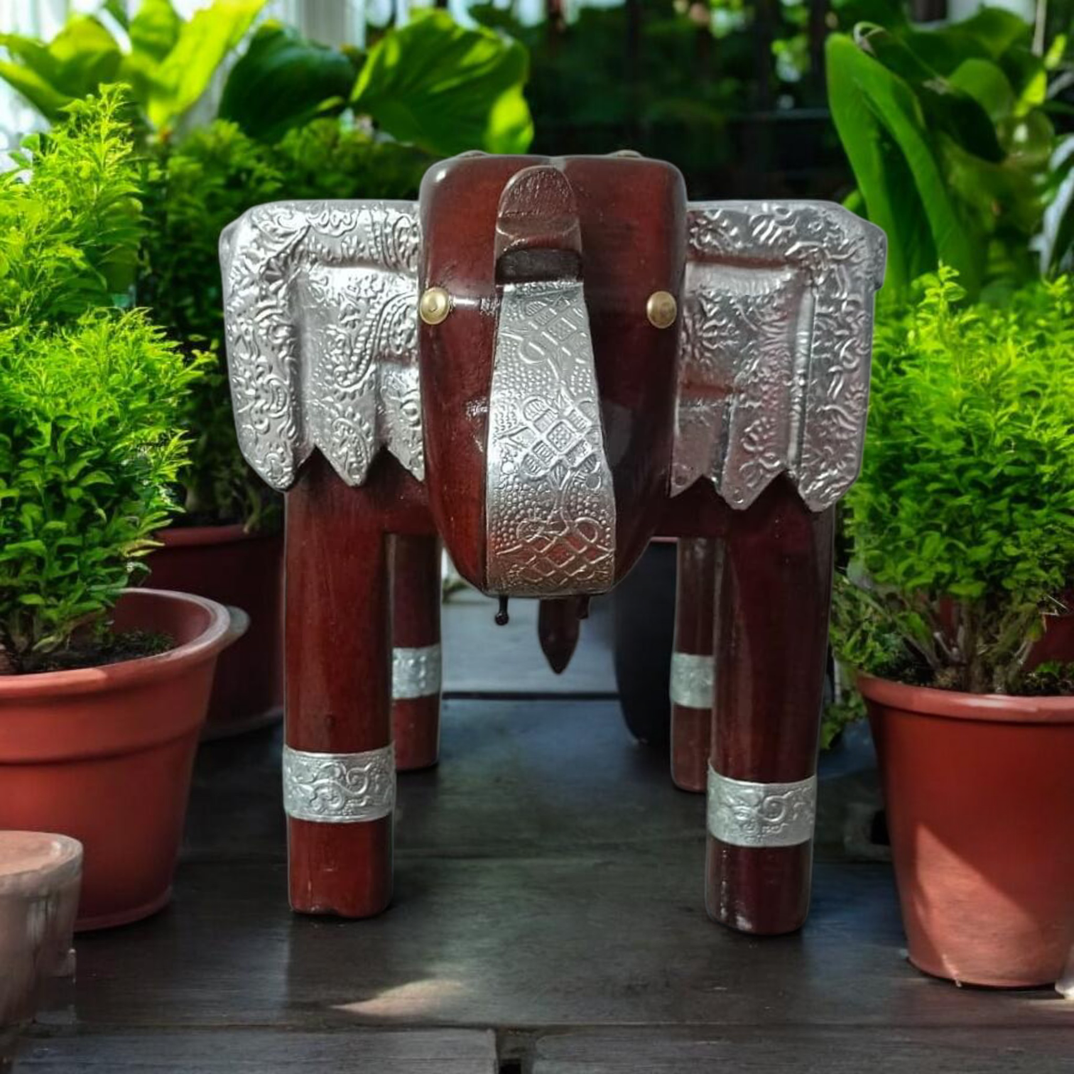 Silver Elephant German Polish Decorative Rajastani Hand Polished Elephant Stool | Rajasthani Home Decor Handicrafts | Home Decorative Items in Living Room, Bedroom, Office | (8 inch)