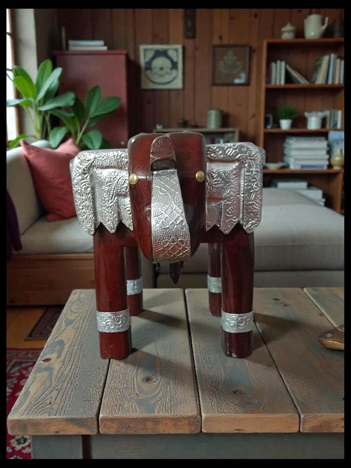 Silver Elephant German Polish Decorative Rajastani Hand Polished Elephant Stool | Rajasthani Home Decor Handicrafts | Home Decorative Items in Living Room, Bedroom, Office | (8 inch)